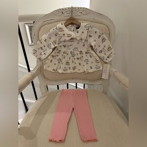 🤍 6~9 Mth Adorable Muslin Baby Dress Top with Pink Lettuce Trim Leggings NWT